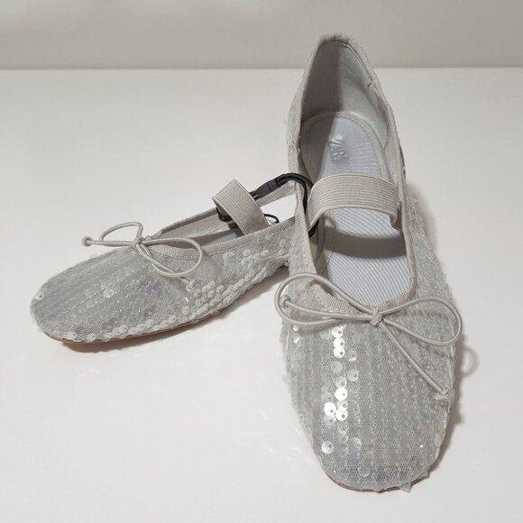 NWT Zara silver sequin ballerina flats with elastic strap and bow detail, 6.5 - Picture 9 of 13